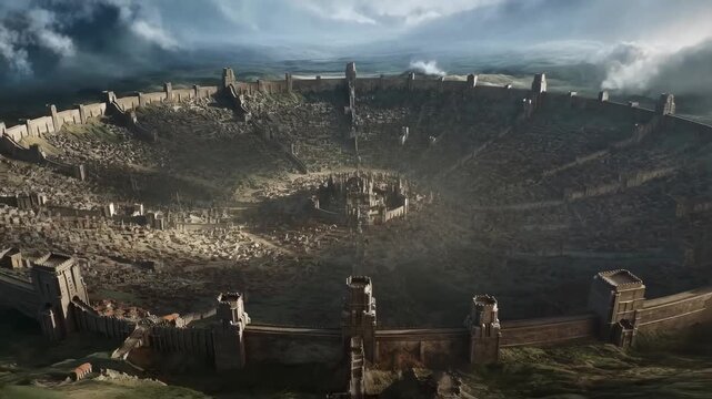 Aerial pull back tracking shot revealing walled circular medieval city and fortress within broad valley landscape