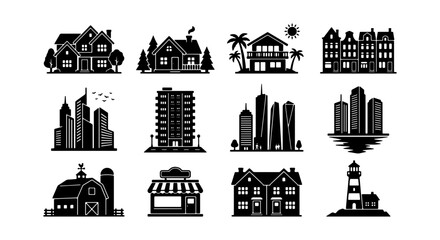 Naklejka premium Diverse Building Silhouettes: City Skyscrapers, Houses, Barn, Lighthouse, Shop, Vector Icons