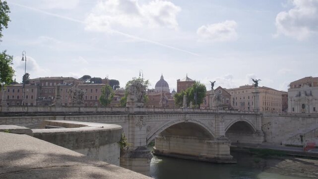 Historic Bridge and Tiber River in Rome Italy Summer City Scene Shot with Cinema Camera