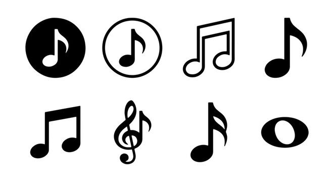 Musical Notes Icons Set, Black & White Vector Symbols for Audio, Melody, Rhythm & Harmony Concepts