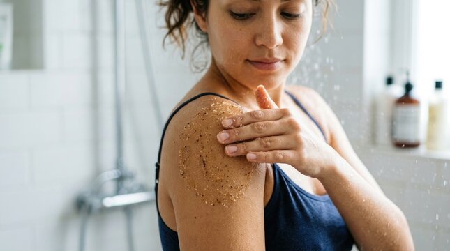 A woman is exfoliating her upper back with a scrub in a bright bathroom. She is applying the scrub with her hands and appears to be enjoying the process.