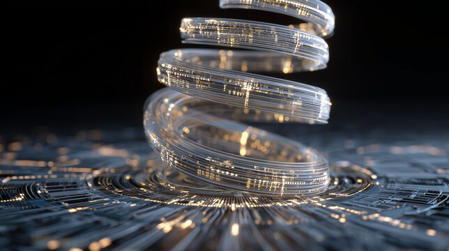 Low-angle close-up of translucent helical filament rising from metallic circuit surface with warm golden highlights