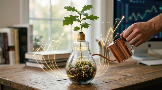 A person is carefully watering a small oak sapling planted inside a clear glass bottle resembling an old-fashioned light bulb. The bottle is labeled "Investment" and sits on a wooden table.
