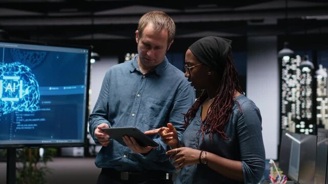 Engineering team in office analyzing machine learning algorithms using tablet and laptop. Coworkers discussing, using devices to improve artificial intelligence prediction accuracy.