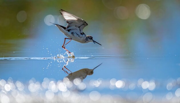A Shorebird in Mid-air Takes Flight Over Water, Its Reflection Visible Below