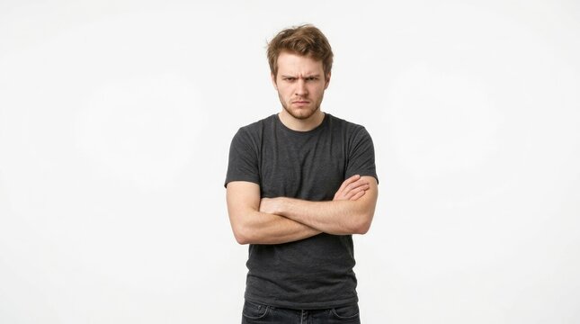 A young man with tousled brown hair stands with his arms crossed, displaying a displeased expression. He is wearing a gray t-shirt and dark jeans.