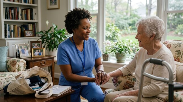 A kind caregiver sits with an elderly woman in a comfortable living room.