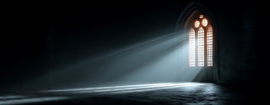 Sunlight streaming through gothic arched window into dark stone room with dramatic light rays