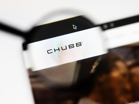 Milan, Italy 2026, 20 Apr Closeup of Chubb website on a laptop screen. Chubb logo under a magnifying glass.