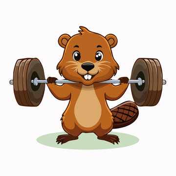 Cartoon Beaver Lifting Weights