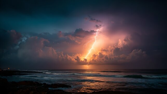A powerful lightning strike illuminates the stormy sea during twilight, creating a dramatic and awe-inspiring natural spectacle. The sky is filled with dark, brooding clouds.