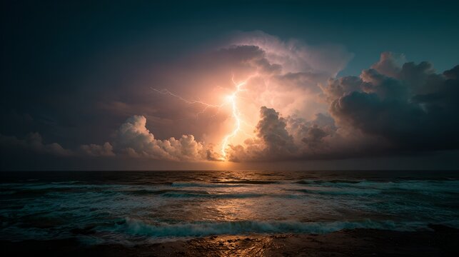 A dramatic lightning strike illuminating the stormy sea at sunset. The powerful electrical discharge splits the dark, cloudy sky.