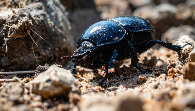 Black Dung Beetle Navigates Rocky Terrain with Its Precious Cargo