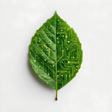 A vibrant green leaf with half displaying natural veins and the other half showing an intricate electronic circuit pattern, symbolizing the fusion of nature and technology