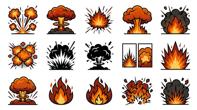 Collection of cartoon explosion and fire icons.