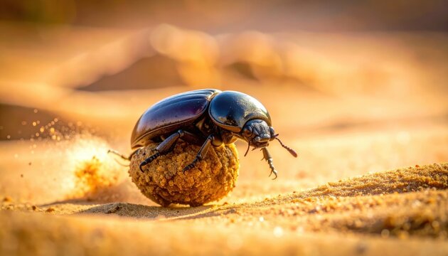 A determined dung beetle rolls a large ball of dung across sandy terrain in a close-up wildlife photograph showcasing natural instinct and survival