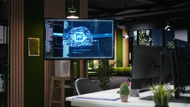 Screen in empty IT company office showing artificial intelligence model used for developing software. Hardware in tech startup workspace using neural network tech to debug applications.