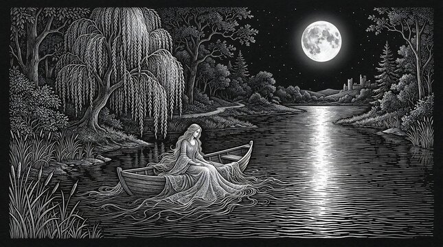 Woman in a boat on a serene lake under a full moon at night