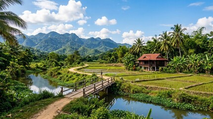 Obraz premium Serene rural landscape with wooden bridge and house near a river