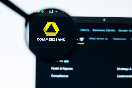 Milan, Italy 2026, 20 Apr Closeup of Commerzbank website on a laptop screen. Commerzbank logo under a magnifying glass.