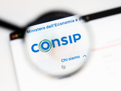 Milan, Italy 2026, 20 Apr Closeup of CONSIP website on a laptop screen. CONSIP logo under a magnifying glass.