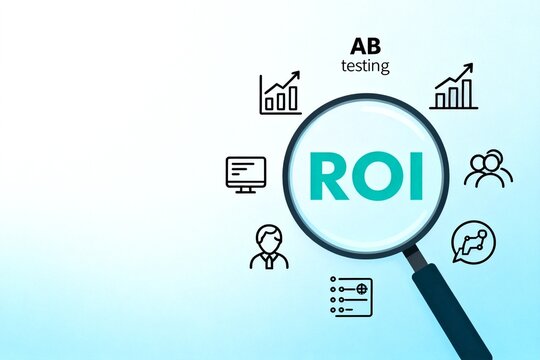 ROI magnified with AB testing icons on blue gradient