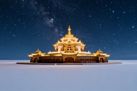 Buddhist Temple Under Starry Night Sky