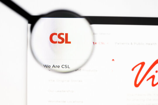 Milan, Italy 2026, 20 Apr Closeup of CSL website on a laptop screen. CSL logo under a magnifying glass.