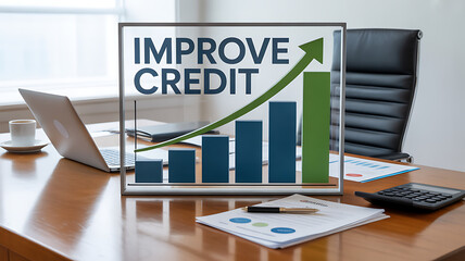 Naklejka premium Office desk with improve credit graph on screen, laptop, calculator, and papers