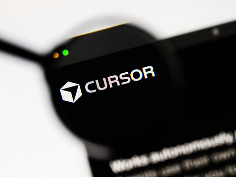 Milan, Italy 2026, 20 Apr Closeup of Cursor website on a laptop screen. Cursor logo under a magnifying glass.