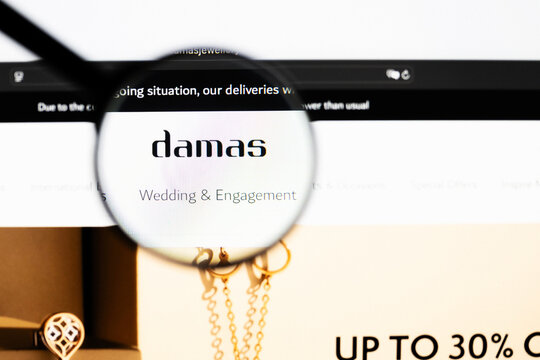 Milan, Italy 2026, 20 Apr Closeup of Damas website on a laptop screen. Damas logo under a magnifying glass.