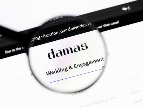Milan, Italy 2026, 20 Apr Closeup of Damas website on a laptop screen. Damas logo under a magnifying glass.