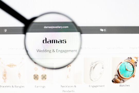 Milan, Italy 2026, 20 Apr Closeup of Damas website on a laptop screen. Damas logo under a magnifying glass.