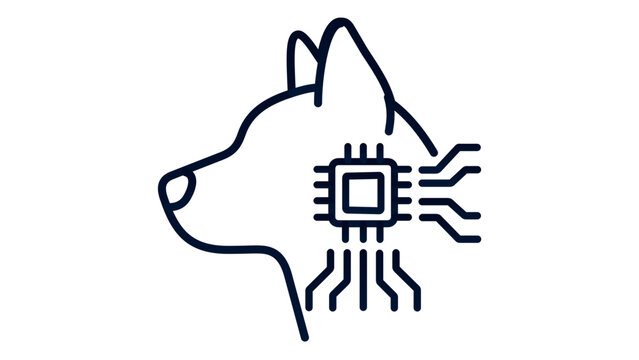 Sleek vector icon illustration showing a microchip scanner over a dog silhouette with an editable stroke, perfect for pet tech businesses, veterinary clinics, and animal id tracking software.