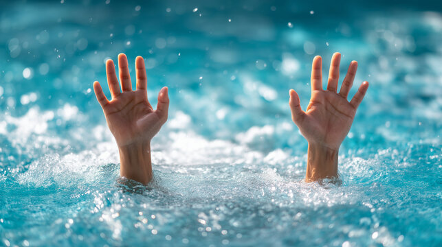 Drowning person reaching for help, hands above water surface, emergency, crisis, aquatic danger, water accident, distress, struggle, rescue concept, swimming pool, safety hazard, blue water