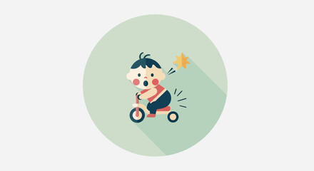 Fototapeta premium Cute cartoon boy riding a scooter with excitement.