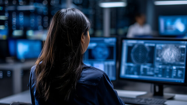 IT security specialist working in dark monitoring room, cybersecurity operations, network threat analysis, digital protection, secure data center, incident response and professiona