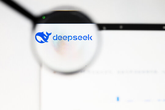 Milan, Italy 2026, 20 Apr Closeup of DeepSeek website on a laptop screen. DeepSeek logo under a magnifying glass.