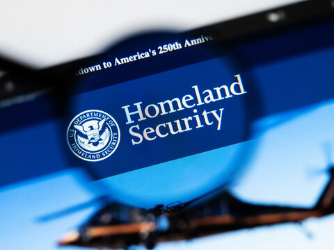 Milan, Italy 2026, 20 Apr Closeup of Department of Homeland Security website on a laptop screen. Department of Homeland Security logo under a magnifying glass.