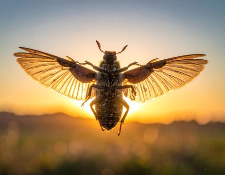 A large insect with outstretched wings illuminated by sunset