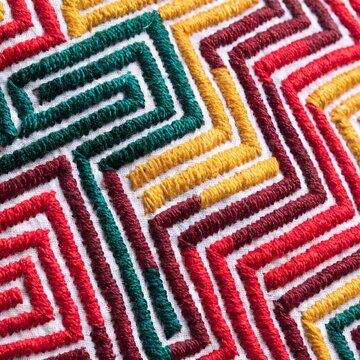 Ultra Macro of Vibrant Nakshi Kantha Running Stitch Embroidery with Colorful Geometric Maze Patterns