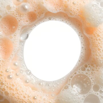 Macro Closeup of Luxury Skincare Cream Foam with Bubbles Arranged in a Circular Frame with Center Copy Space