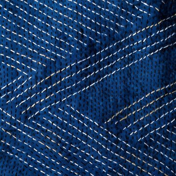 Ultra Macro of Kantha Embroidery on Deep Indigo Blue Fabric Texture with Traditional Running Stitch Details