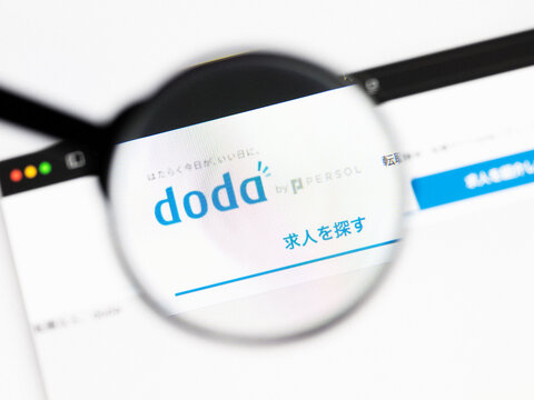 Milan, Italy 2026, 20 Apr Closeup of doda website on a laptop screen. doda logo under a magnifying glass.