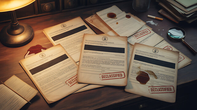 Declassified documents on a desk, with a lamp, magnifying glass, and scattered papers