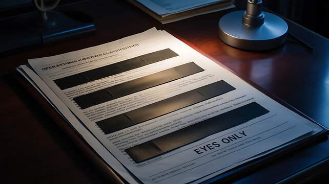 Confidential document with redacted information, labeled "eyes only", on a desk with a lamp classified