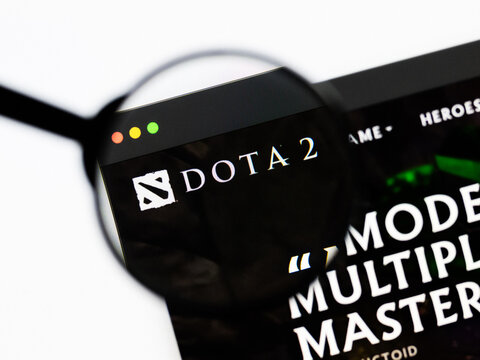 Milan, Italy 2026, 20 Apr Closeup of Dota 2 website on a laptop screen. Dota 2 logo under a magnifying glass.