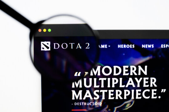 Milan, Italy 2026, 20 Apr Closeup of Dota 2 website on a laptop screen. Dota 2 logo under a magnifying glass.