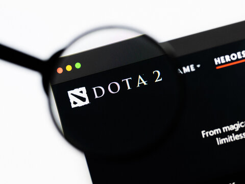 Milan, Italy 2026, 20 Apr Closeup of Dota 2 website on a laptop screen. Dota 2 logo under a magnifying glass.