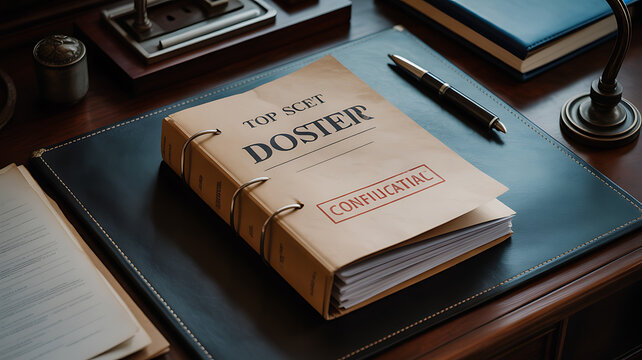 Confidential secret dossier on a desk, with a pen and leather pad documents